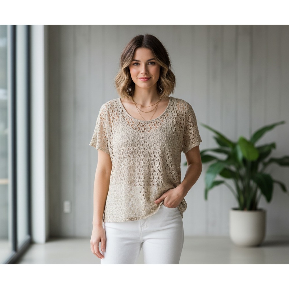 Womens Top Beige Gold L Crochet Shimmer Lace Casual Cottage Boho Indie Y2K 90s